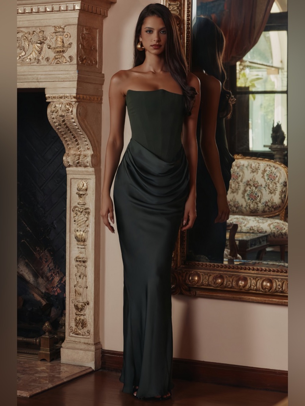 Strapless Satin Column Gown in Forest Green